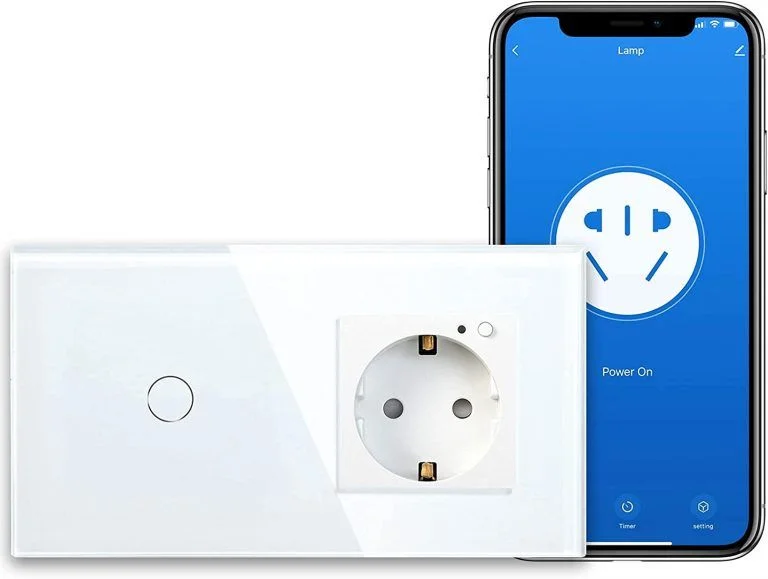 Kit de Enchufes Inteligentes compuesto por Enchufe Normal con Interruptor de luz WiFi, Compatible con Alexa y Google Home y empotrado en pared.