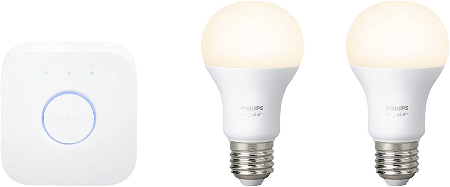 mejor kit iluminación inteligente, Philips Hue Kit 2 Bombillas Inteligentes LED E27 y Puente, 9.55 W,