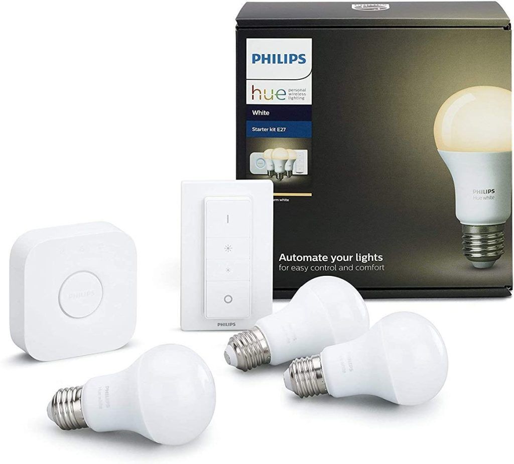 Philips Hue Kit 2 Bombillas Inteligentes LED E27 con Puente y Mando, 9.55 W, Luz Blanca Cálida, Compatible con Alexa y Google Home