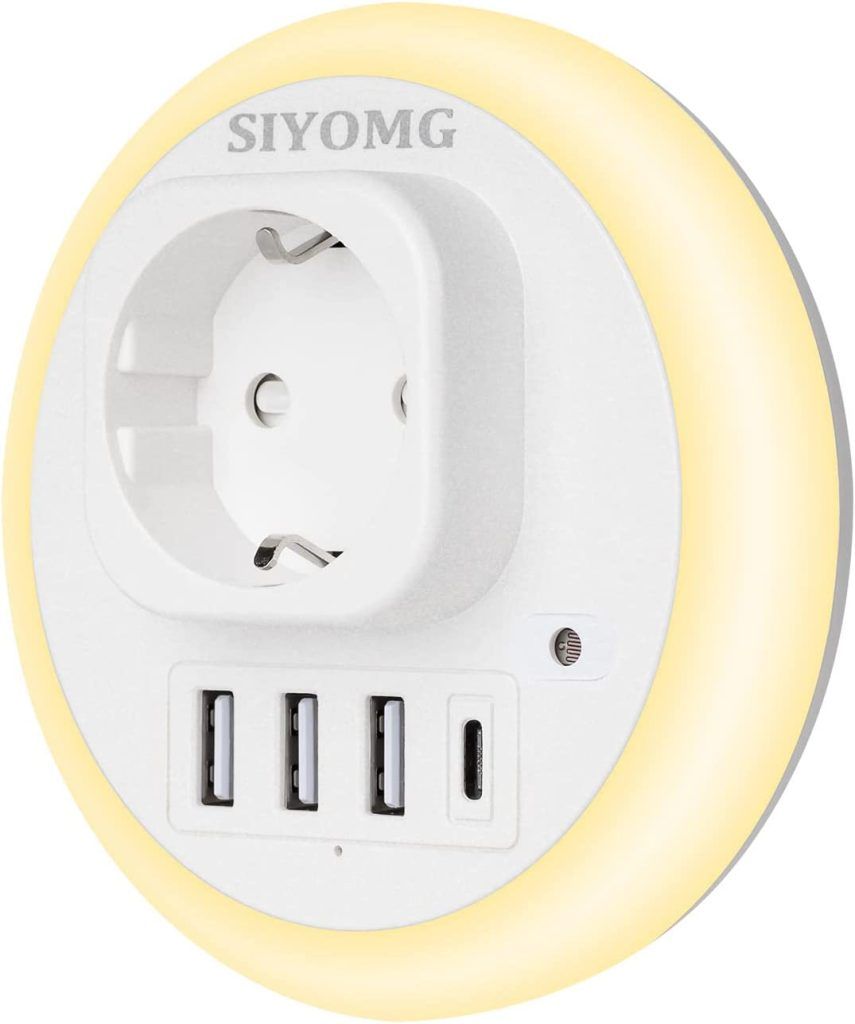 SIYOMG Enchufe USB Pared, Ladron Luz Nocturna LED con 4 Puertos de Carga USB