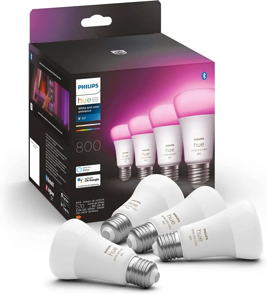 Philips Hue. Pack de 4 Bombillas LED Bombilla Inteligente, A60 E27, Luz Blanca y de Colores, 6.5W.